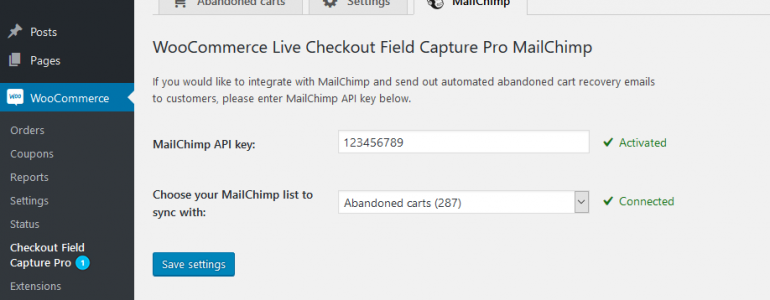 Save abandoned carts MailChimp settings