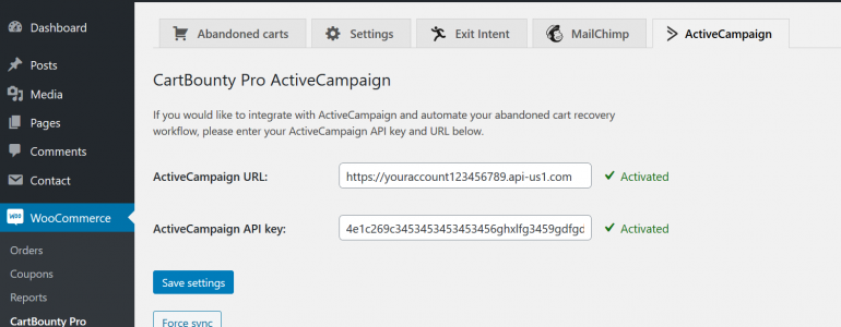 ActiveCampaign's tab location in CartBaunty where API key and URL must be inserted